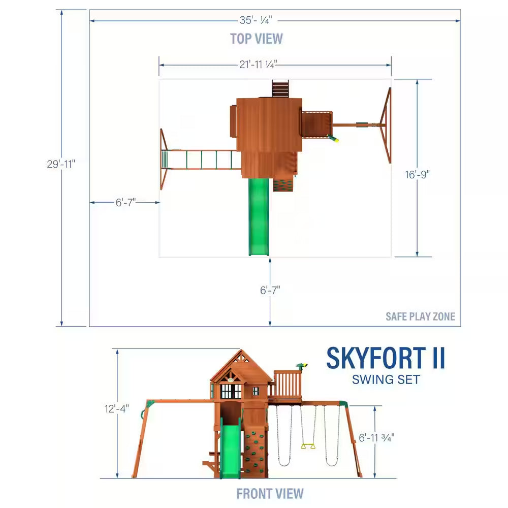 Skyfort II Outdoor Playground Set W/ Monkey Bars, Upper Fort, Crow'S Nest, Belt Swing Set, Picnic Table, and Rockwall