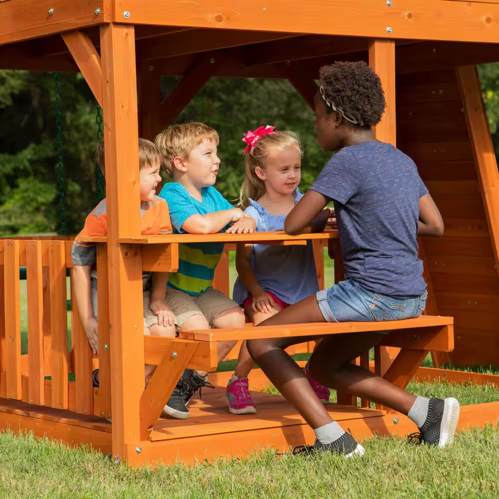 Skyfort II Outdoor Playground Set W/ Monkey Bars, Upper Fort, Crow'S Nest, Belt Swing Set, Picnic Table, and Rockwall