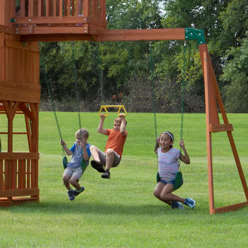 Skyfort II Outdoor Playground Set W/ Monkey Bars, Upper Fort, Crow'S Nest, Belt Swing Set, Picnic Table, and Rockwall