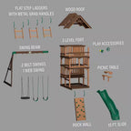 Highlander Outdoor Kid'S Playground Set Playset W/ Multi-Level Clubhouse, Rockwall, Swing Set, and Green Wave Slide