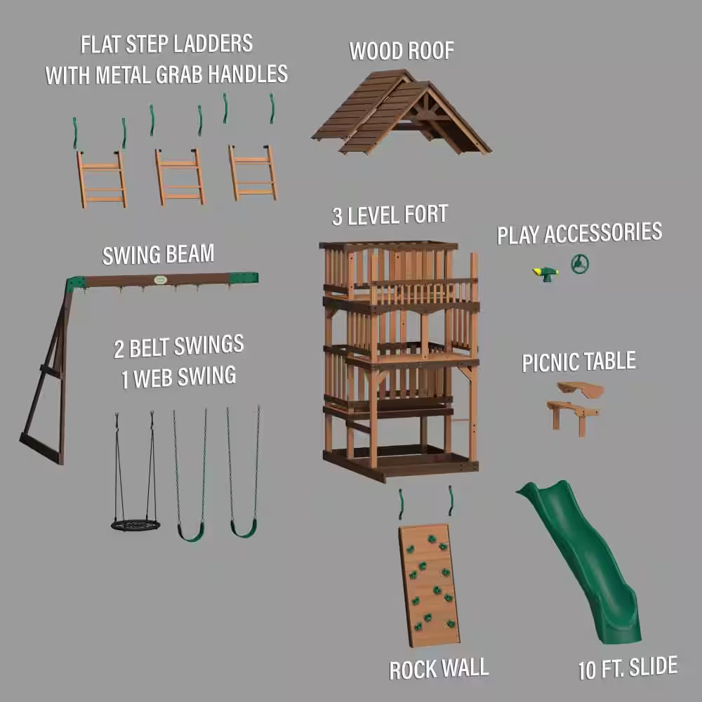 Highlander Outdoor Kid'S Playground Set Playset W/ Multi-Level Clubhouse, Rockwall, Swing Set, and Green Wave Slide