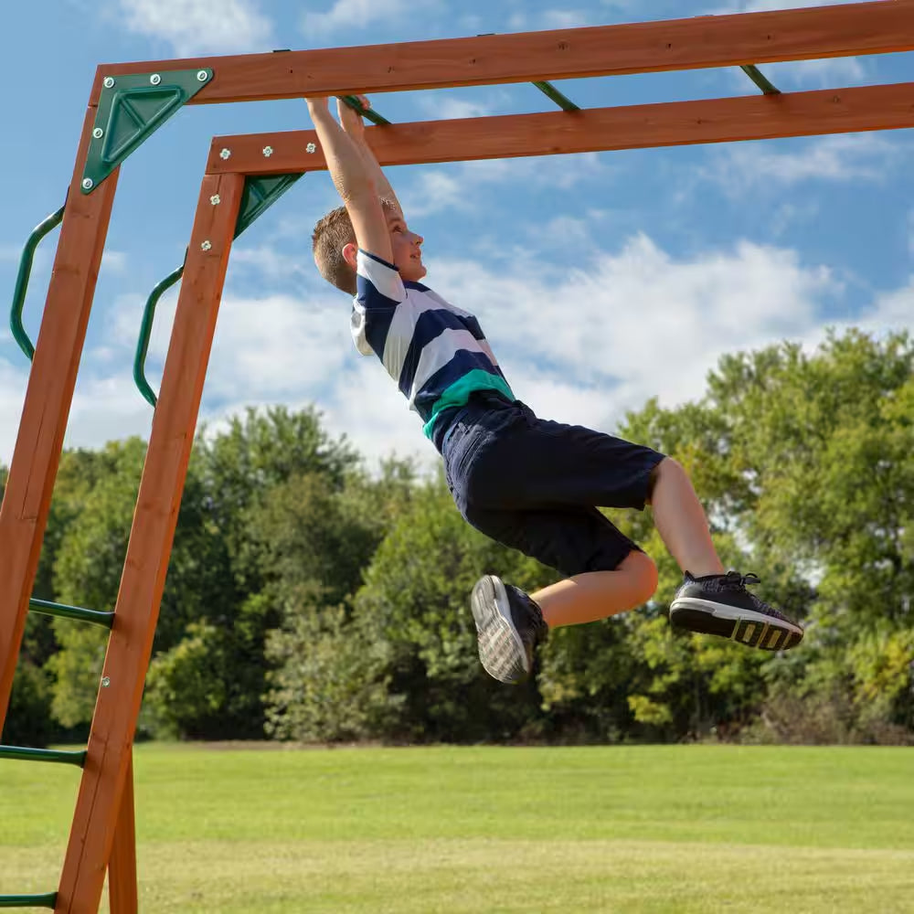 Skyfort II Outdoor Playground Set W/ Monkey Bars, Upper Fort, Crow'S Nest, Belt Swing Set, Picnic Table, and Rockwall