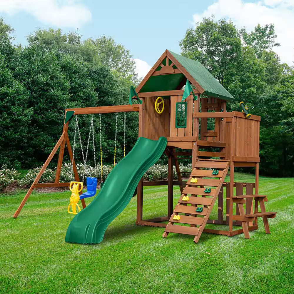 DIY Knightsbridge Wooden Outdoor Playground Set with Slide, Rock Wall, Sandbox, Swing Set, and Playground Equipment