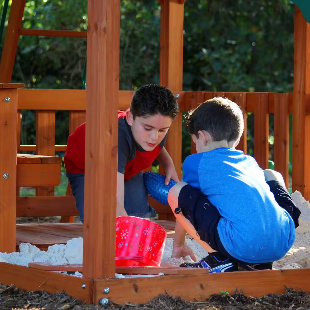 Skyfort II Outdoor Playground Set W/ Monkey Bars, Upper Fort, Crow'S Nest, Belt Swing Set, Picnic Table, and Rockwall