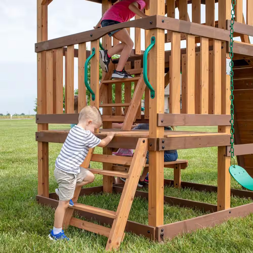 Highlander Outdoor Kid'S Playground Set Playset W/ Multi-Level Clubhouse, Rockwall, Swing Set, and Green Wave Slide