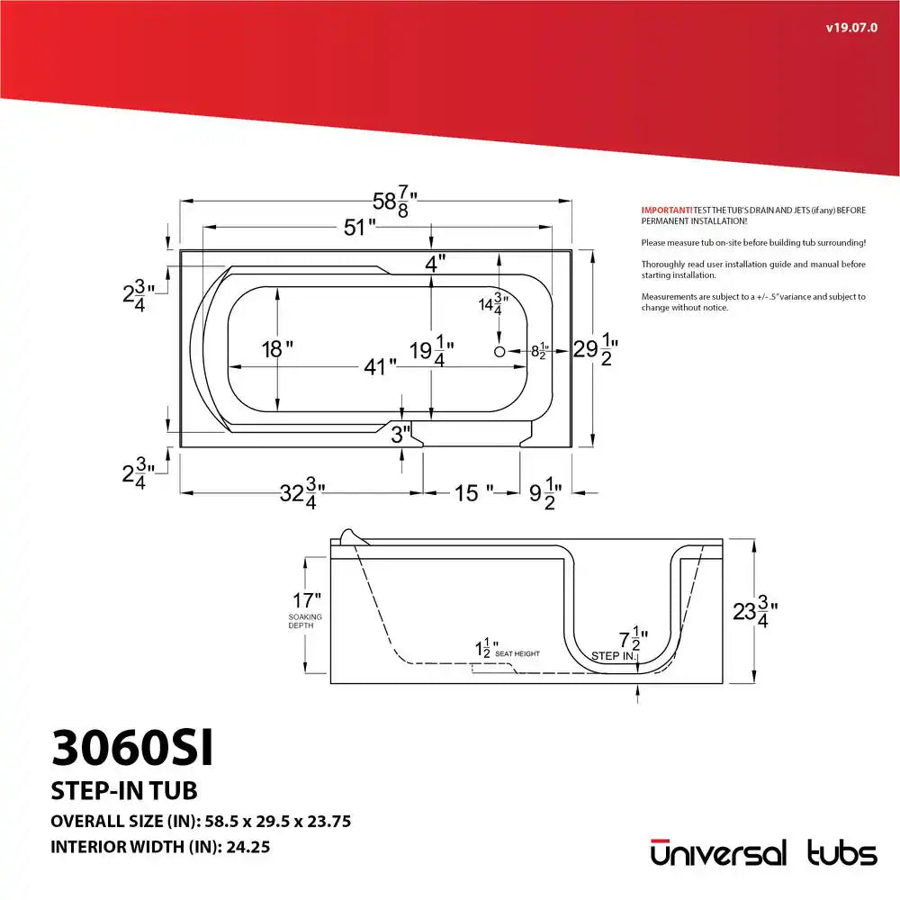 HD Series 60 In. Left Drain Step-In Walk-In Soaking Bath Tub with Low Entry Threshold in White