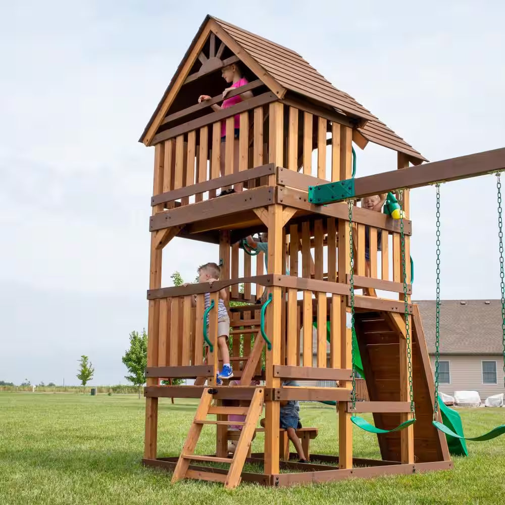 Highlander Outdoor Kid'S Playground Set Playset W/ Multi-Level Clubhouse, Rockwall, Swing Set, and Green Wave Slide