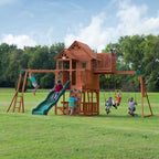 Skyfort II Outdoor Playground Set W/ Monkey Bars, Upper Fort, Crow'S Nest, Belt Swing Set, Picnic Table, and Rockwall