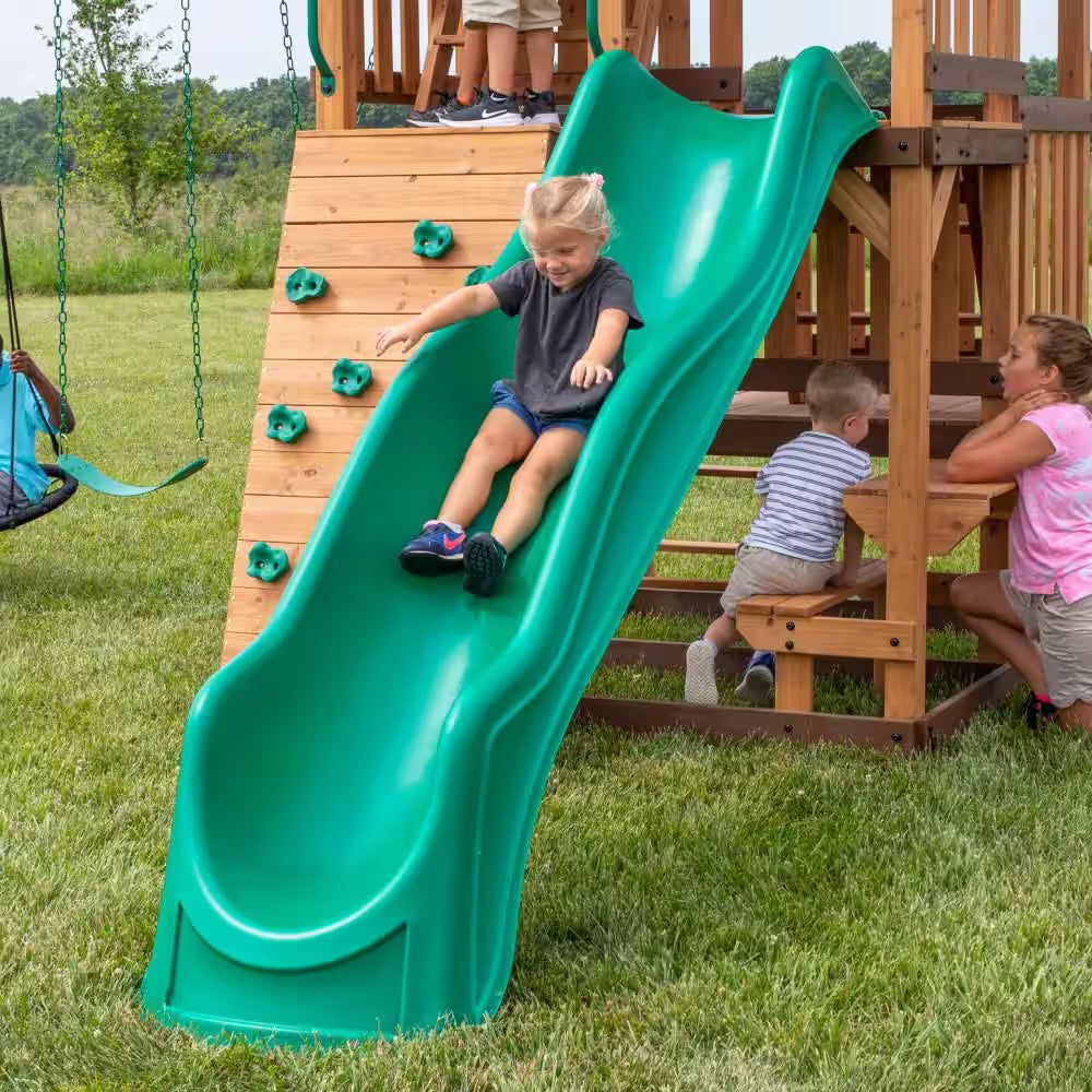 Highlander Outdoor Kid'S Playground Set Playset W/ Multi-Level Clubhouse, Rockwall, Swing Set, and Green Wave Slide