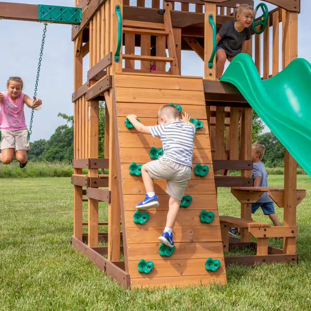 Highlander Outdoor Kid'S Playground Set Playset W/ Multi-Level Clubhouse, Rockwall, Swing Set, and Green Wave Slide