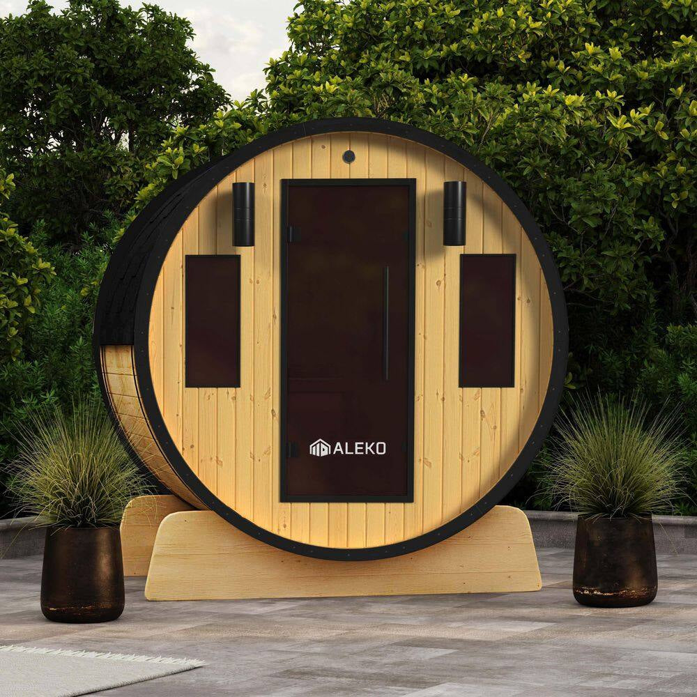 3-Person Capacity Outdoor White Finland Pine Wet/Dry Traditional Barrel Sauna with Black Accents