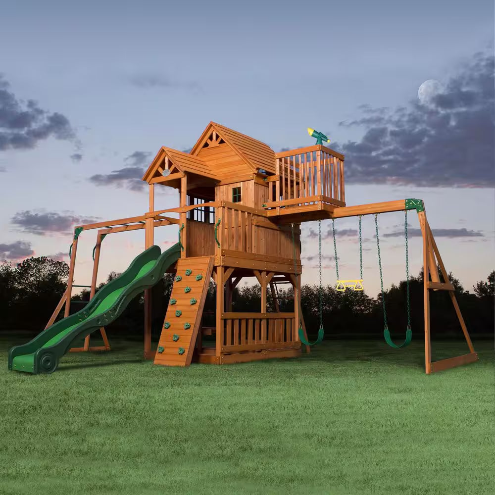 Skyfort II Outdoor Playground Set W/ Monkey Bars, Upper Fort, Crow'S Nest, Belt Swing Set, Picnic Table, and Rockwall