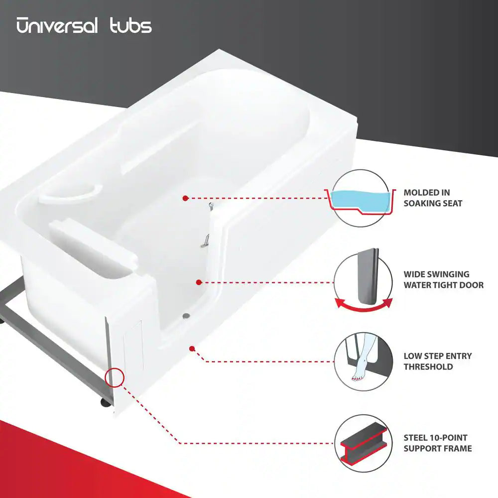 HD Series 60 In. Left Drain Step-In Walk-In Soaking Bath Tub with Low Entry Threshold in White