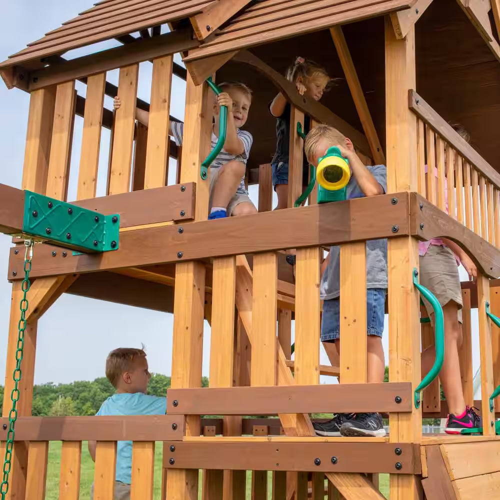 Highlander Outdoor Kid'S Playground Set Playset W/ Multi-Level Clubhouse, Rockwall, Swing Set, and Green Wave Slide