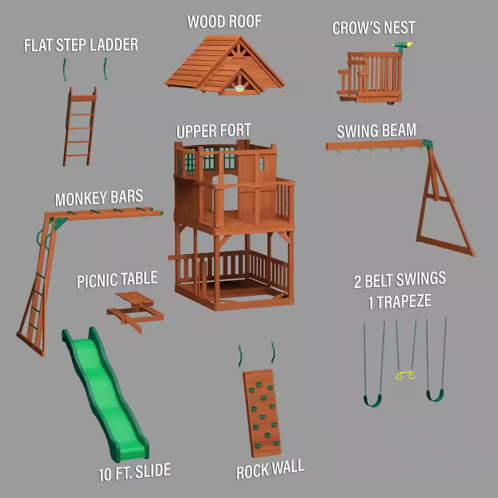 Skyfort II Outdoor Playground Set W/ Monkey Bars, Upper Fort, Crow'S Nest, Belt Swing Set, Picnic Table, and Rockwall