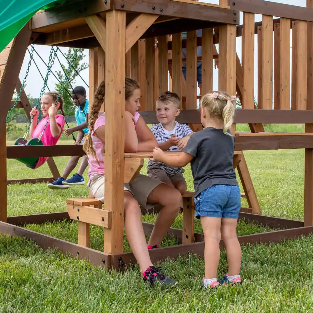 Highlander Outdoor Kid'S Playground Set Playset W/ Multi-Level Clubhouse, Rockwall, Swing Set, and Green Wave Slide