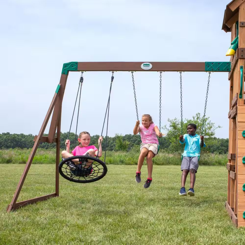 Highlander Outdoor Kid'S Playground Set Playset W/ Multi-Level Clubhouse, Rockwall, Swing Set, and Green Wave Slide
