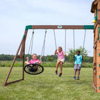 Highlander Outdoor Kid'S Playground Set Playset W/ Multi-Level Clubhouse, Rockwall, Swing Set, and Green Wave Slide