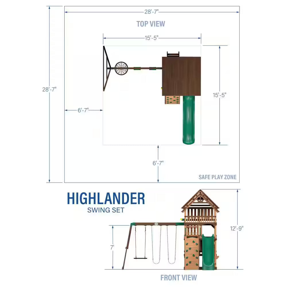Highlander Outdoor Kid'S Playground Set Playset W/ Multi-Level Clubhouse, Rockwall, Swing Set, and Green Wave Slide