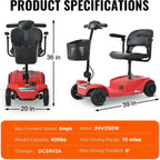 4 Wheels Mobility Scooter, Folding Lightweight Travel Mobility Scooter with Front & Rear LED Light, Heavy Duty Electric Motorized Scooters for Seniors Adults, Compact Mobility Scooter, Red