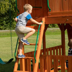 Skyfort II Outdoor Playground Set W/ Monkey Bars, Upper Fort, Crow'S Nest, Belt Swing Set, Picnic Table, and Rockwall
