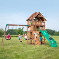 Highlander Outdoor Kid'S Playground Set Playset W/ Multi-Level Clubhouse, Rockwall, Swing Set, and Green Wave Slide