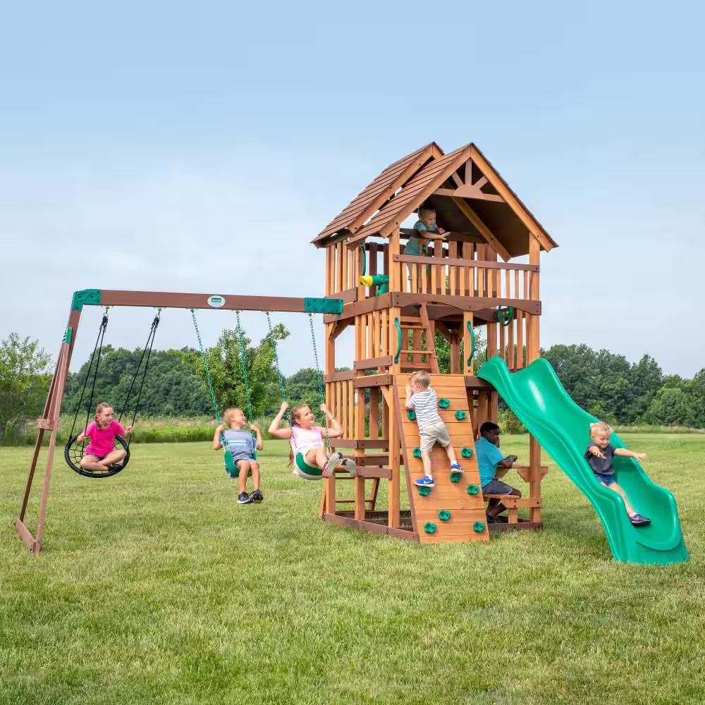 Highlander Outdoor Kid'S Playground Set Playset W/ Multi-Level Clubhouse, Rockwall, Swing Set, and Green Wave Slide