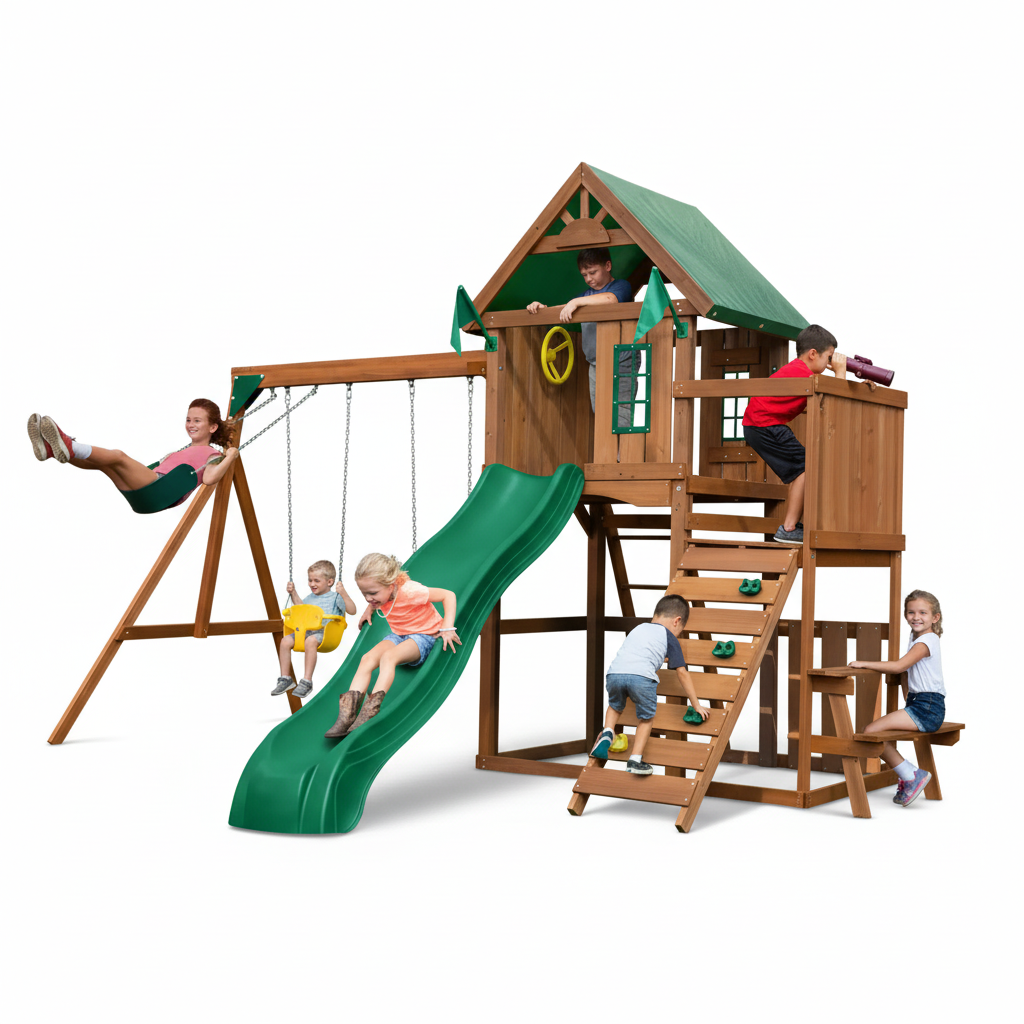 DIY Knightsbridge Wooden Outdoor Playground Set with Slide, Rock Wall, Sandbox, Swing Set, and Playground Equipment