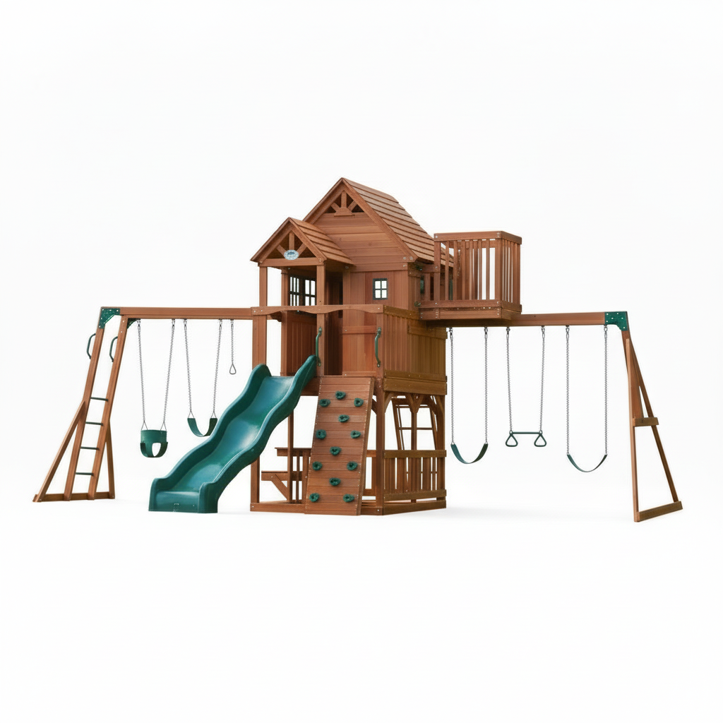 Skyfort II Outdoor Playground Set W/ Monkey Bars, Upper Fort, Crow'S Nest, Belt Swing Set, Picnic Table, and Rockwall
